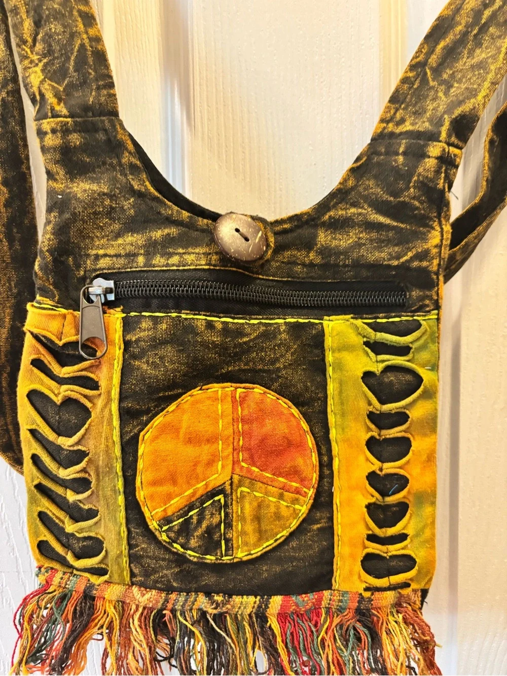 Royal Collection Peace Sign Fringe Crossbody Bag Boho Hippie Festival Cotton